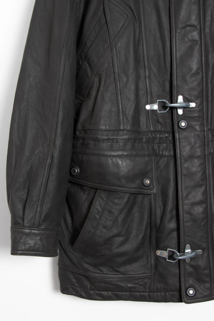 Black Fireman Clasp Leather Jacket (XL) - Image 3
