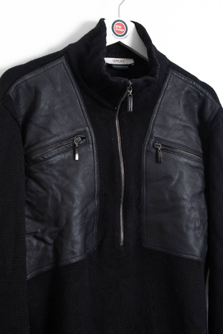 Versace Wool Leather 1/4 Zip Knitted Jumper (M) - Image 2